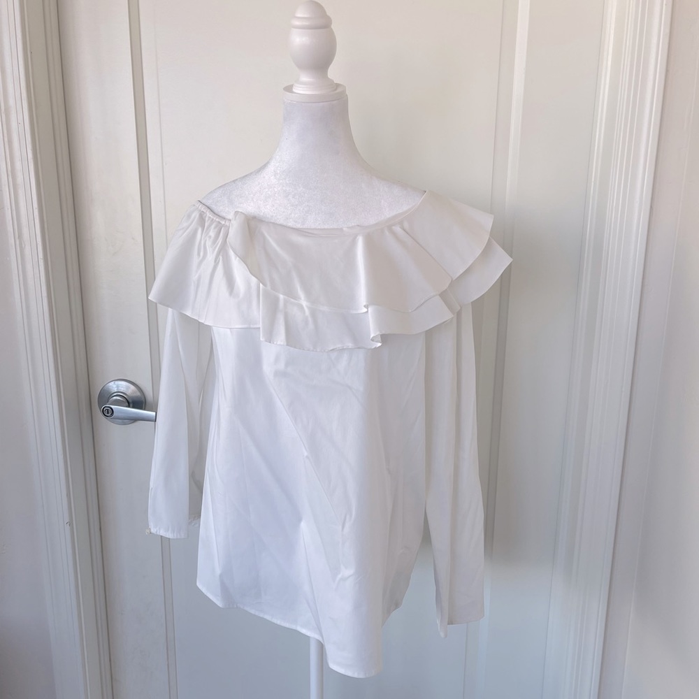 Calvin Klein Off Shoulder Asymmetrical Ruffle Long Sleeve Women’s Top Size Large